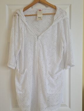 White Crochet Hooded Swim Cover-Up with Zip and Pockets